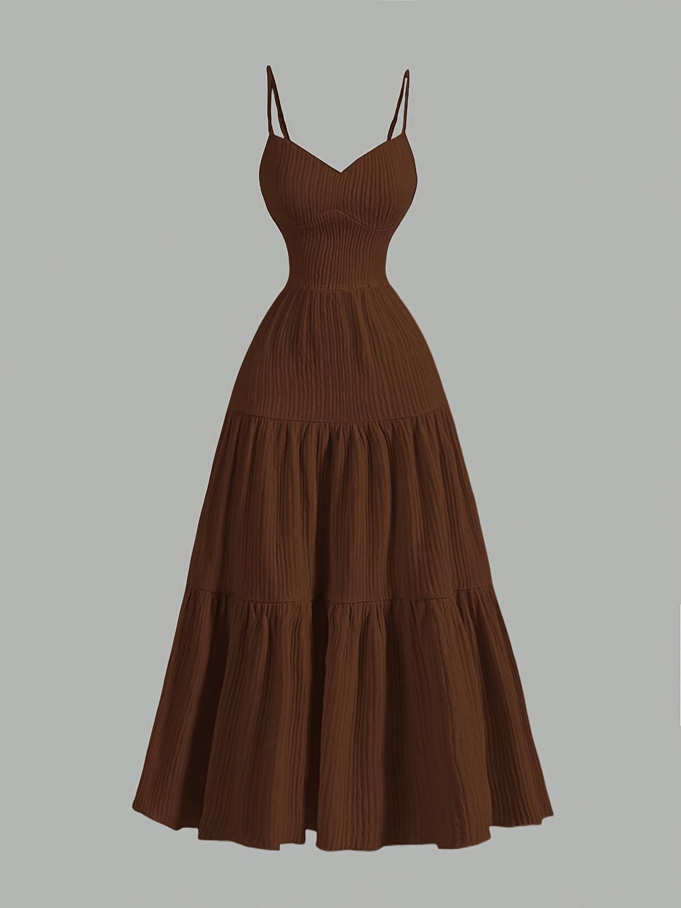 Elegant Apricot Sleeveless V-Neck Midi Dress with Ruffled Waist & Layered Tiered Skirt - Polyester, Machine Washable, All-Season Women’s Fashion